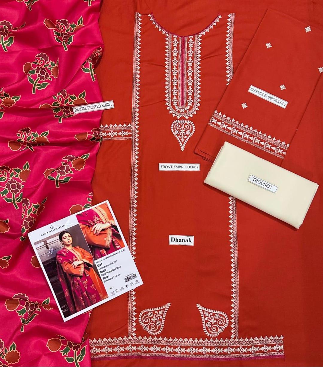 Elegant Orange Dhanak Embroidered 3-Piece Unstitched Women's Suit Fabric