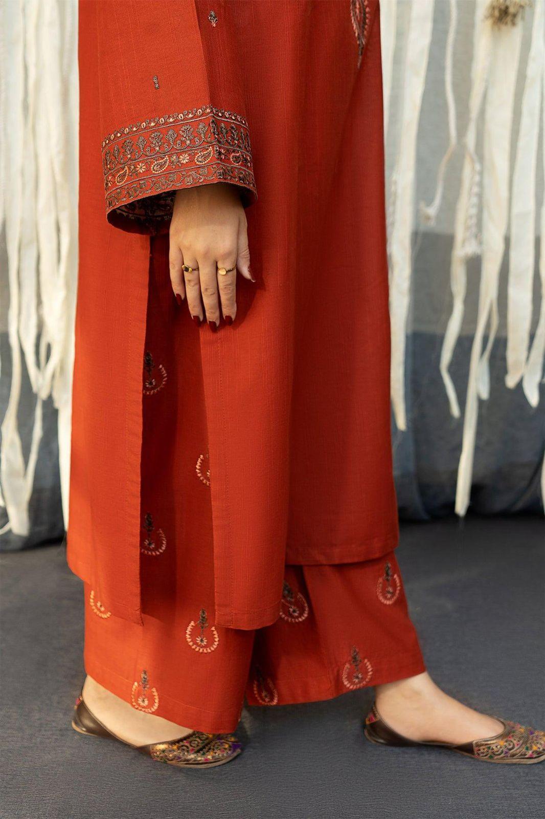 Elegant Orange Dhanak Embroidered 3-Piece Unstitched Women's Suit Fabric