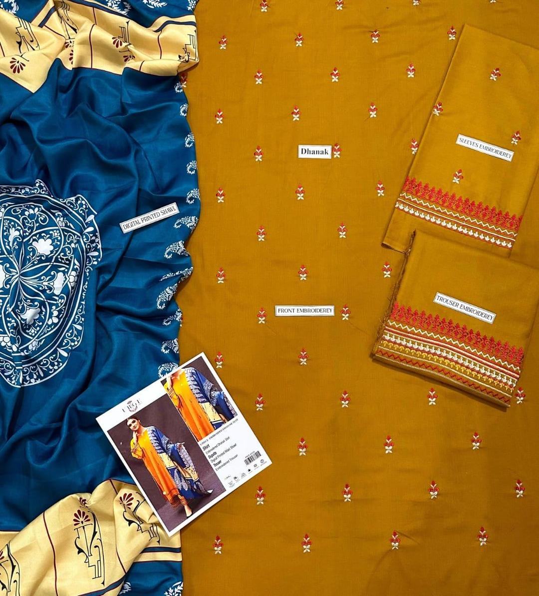 Elegant Mustard Dhanak Embroidered 3-Piece Unstitched Women's Suit Fabric