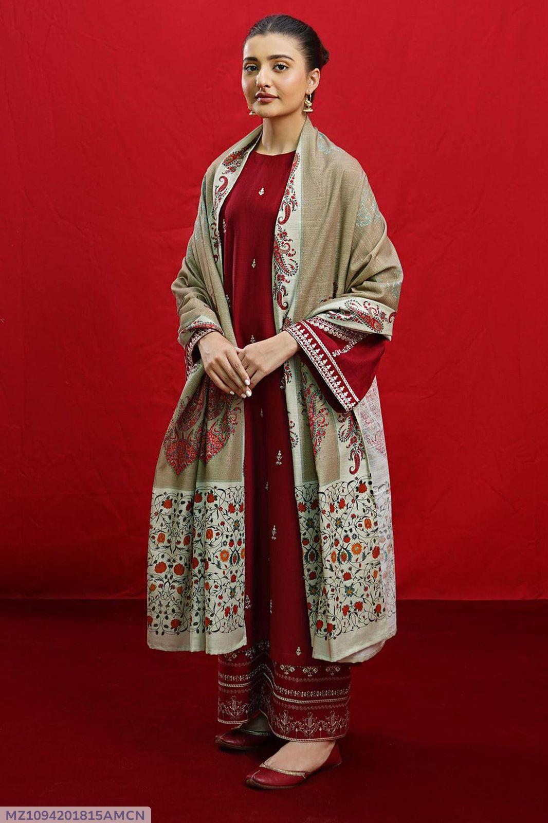 Elegant Maroon Dhanak Embroidered 3-Piece Unstitched Women's Suit Fabric