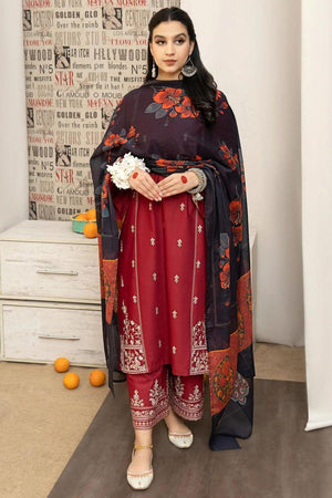 Elegant Maroon Dhanak Embroidered 3-Piece Unstitched Women's Suit Fabric