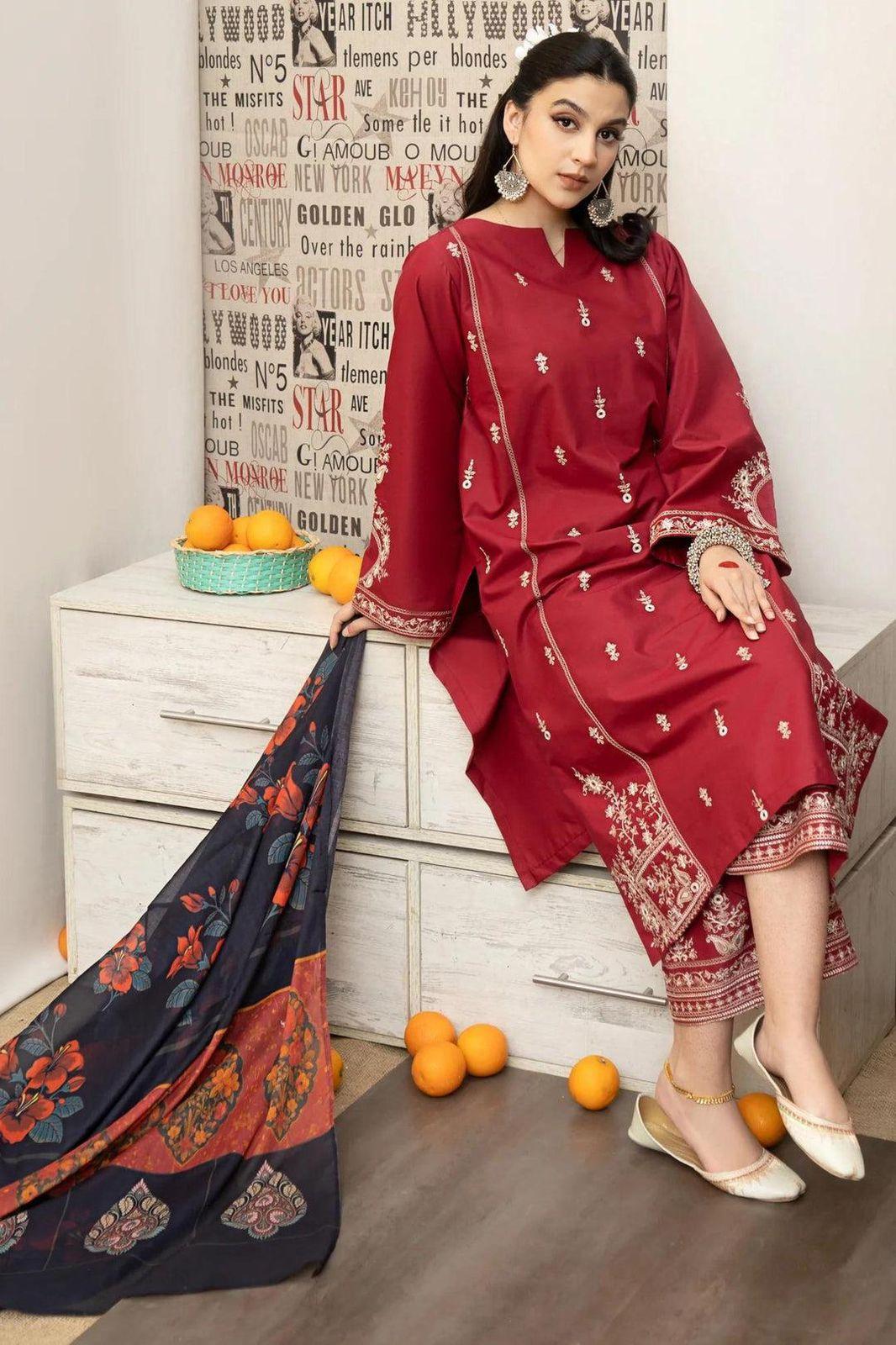 Elegant Maroon Dhanak Embroidered 3-Piece Unstitched Women's Suit Fabric
