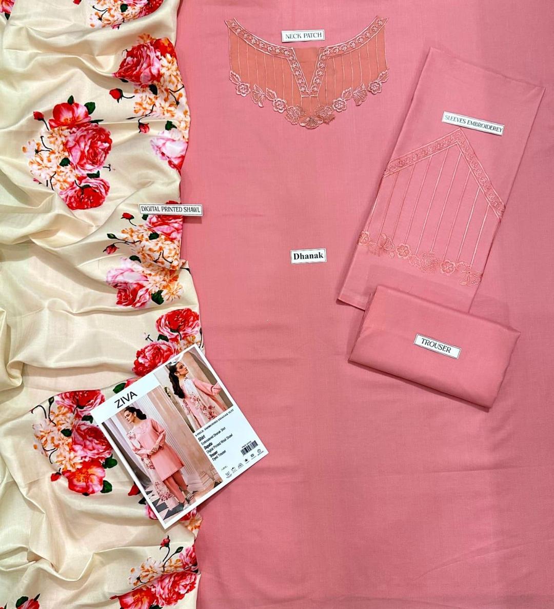 Elegant Light Pink Dhanak Embroidered 3-Piece Unstitched Women's Suit Fabric