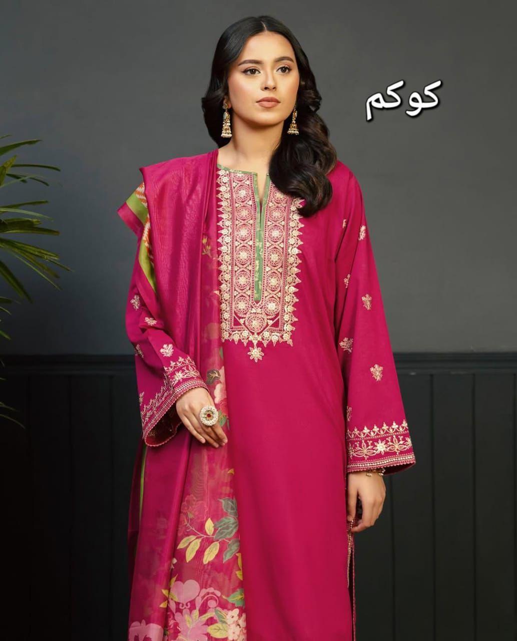 Elegant Pink Dhanak Embroidered 3-Piece Unstitched Women's Suit Fabric