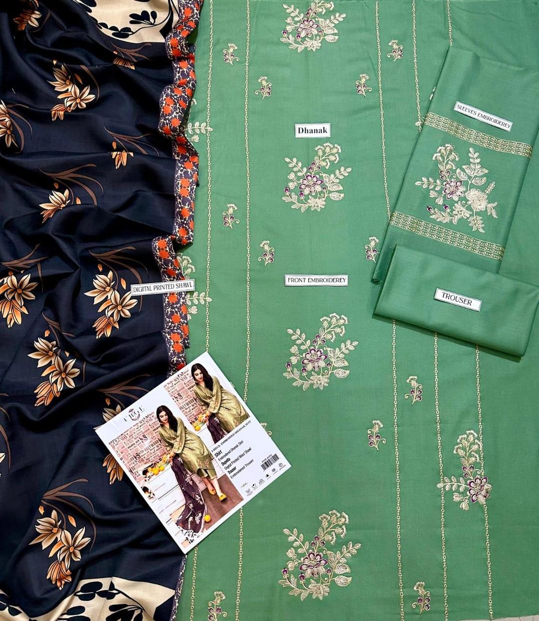 Elegant Green Dhanak Embroidered 3-Piece Unstitched Women's Suit Fabric