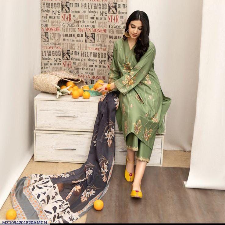 Elegant Green Dhanak Embroidered 3-Piece Unstitched Women's Suit Fabric