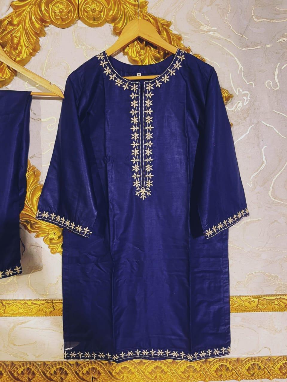 Blue Embroidered Linen Shirt And Trouser Set - 2 Pcs for Women