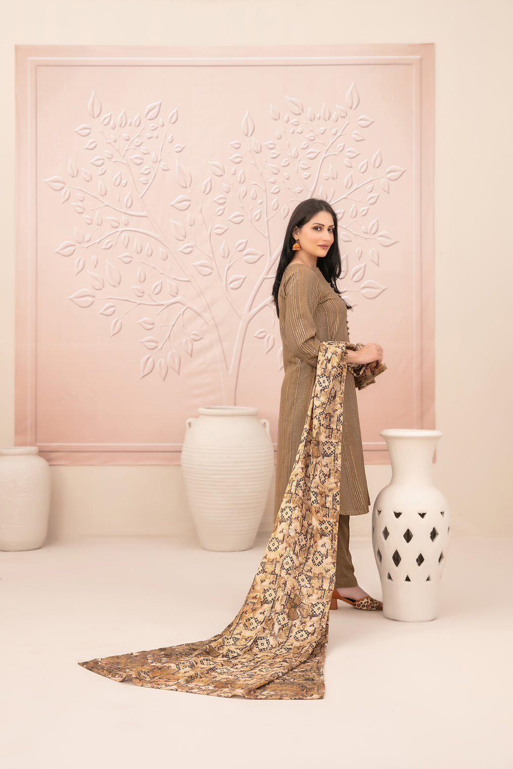 Tawakkal Fabrics D-5011 Nazaaha digital printed shawl dupatta leather peach