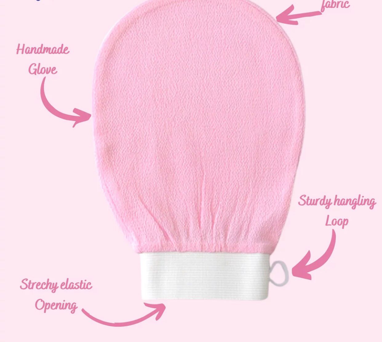 Pink bath glove with labeled features on a white background