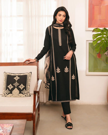 Elegant Black Dhanak Embroidered 3-Piece Unstitched Women's Suit Fabric