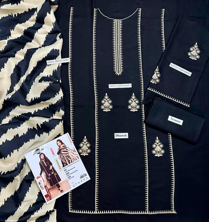 Elegant Black Dhanak Embroidered 3-Piece Unstitched Women's Suit Fabric