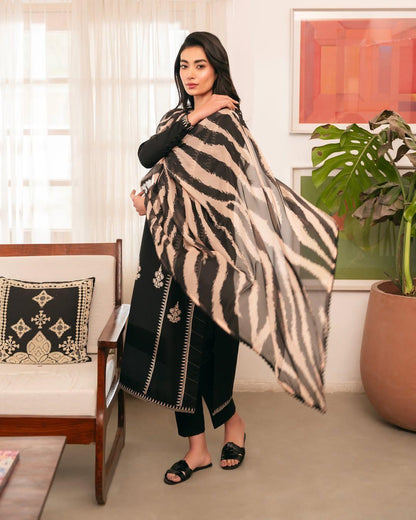 Elegant Black Dhanak Embroidered 3-Piece Unstitched Women's Suit Fabric