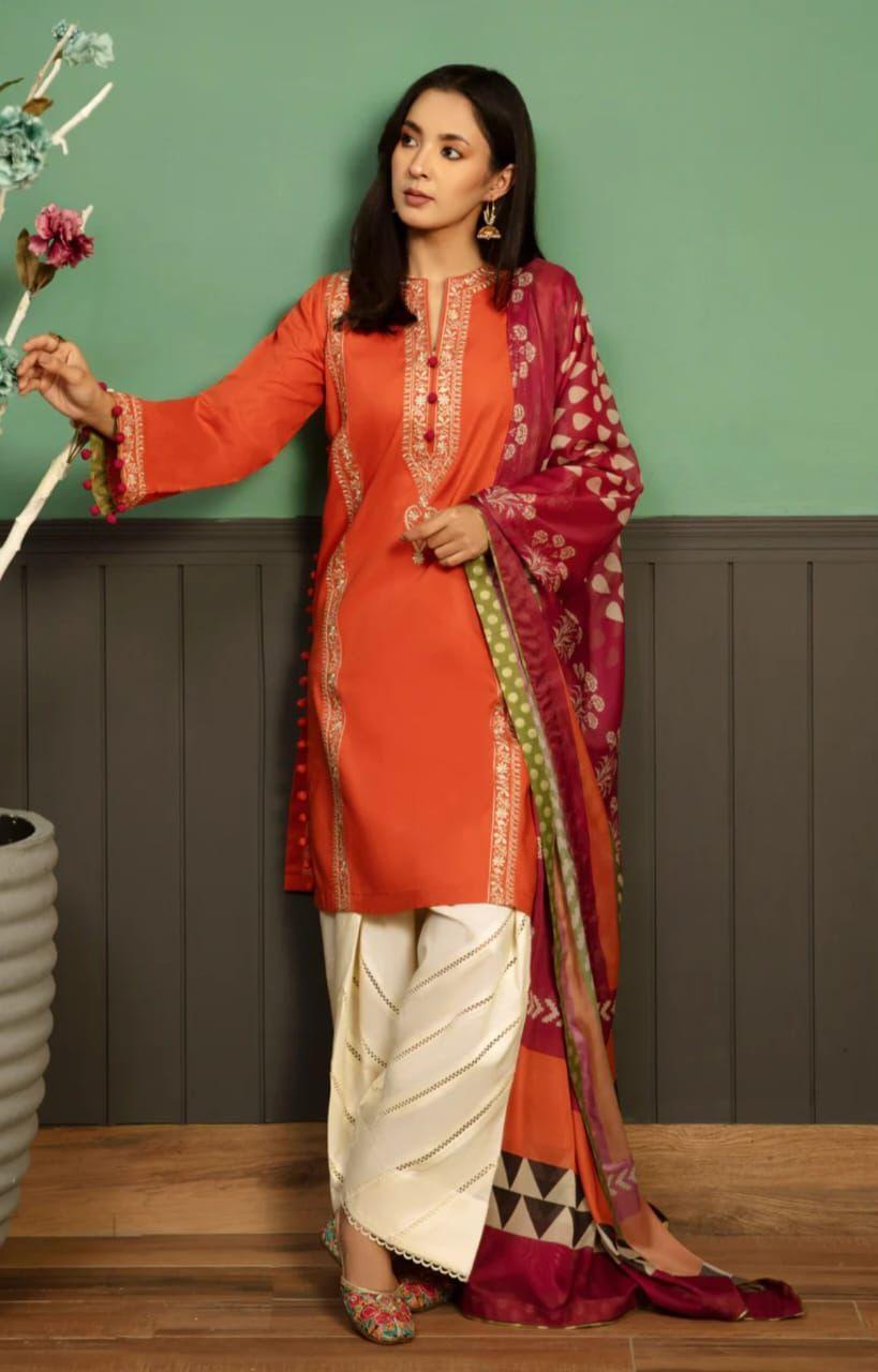 Elegant Orange Dhanak Embroidered 3-Piece Unstitched Women's Suit Fabric
