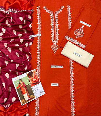 Elegant Orange Dhanak Embroidered 3-Piece Unstitched Women's Suit Fabric