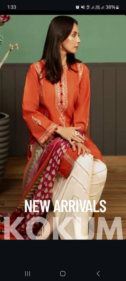 Elegant Orange Dhanak Embroidered 3-Piece Unstitched Women's Suit Fabric