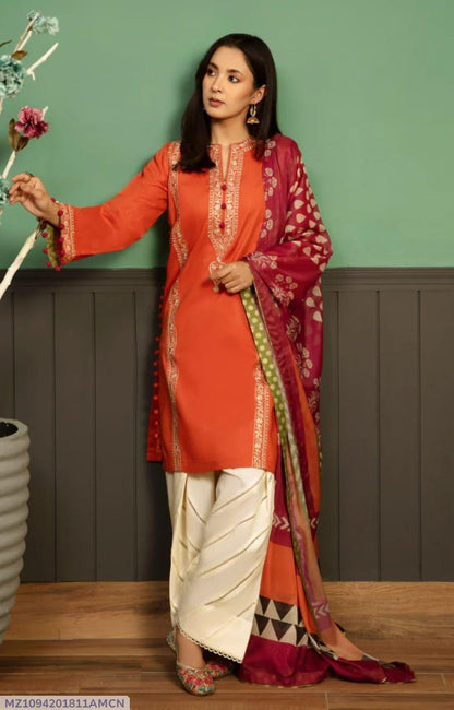 Elegant Orange Dhanak Embroidered 3-Piece Unstitched Women's Suit Fabric