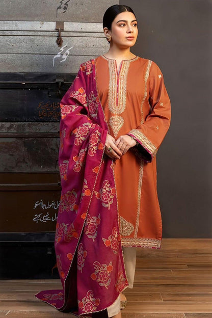 Elegant Orange Dhanak Embroidered 3-Piece Unstitched Women's Suit Fabric