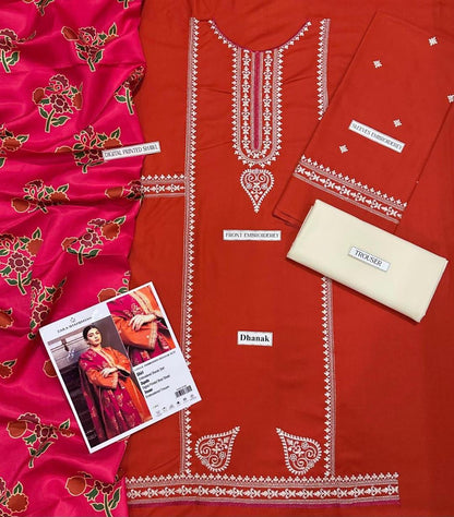 Elegant Orange Dhanak Embroidered 3-Piece Unstitched Women's Suit Fabric