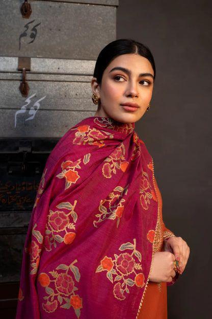 Elegant Orange Dhanak Embroidered 3-Piece Unstitched Women's Suit Fabric