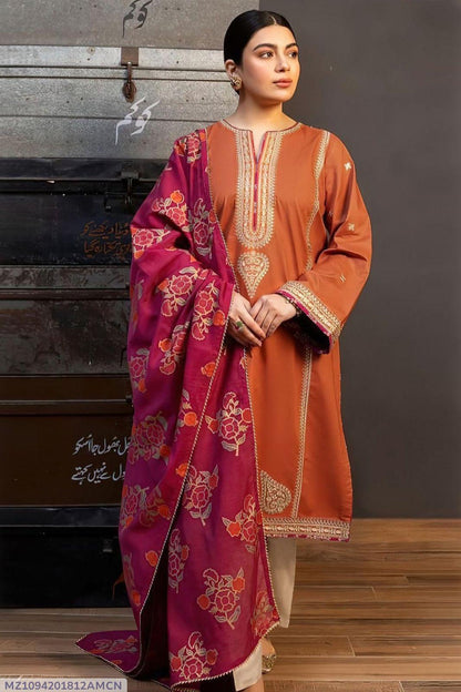 Elegant Orange Dhanak Embroidered 3-Piece Unstitched Women's Suit Fabric