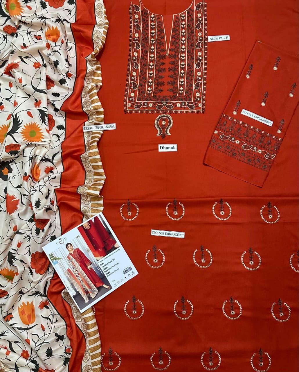 Elegant Orange Dhanak Embroidered 3-Piece Unstitched Women's Suit Fabric