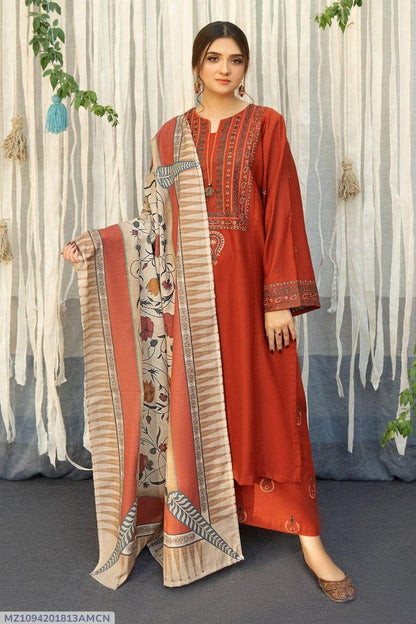 Elegant Orange Dhanak Embroidered 3-Piece Unstitched Women's Suit Fabric