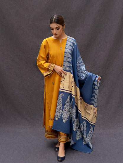 Elegant Mustard Dhanak Embroidered 3-Piece Unstitched Women's Suit Fabric