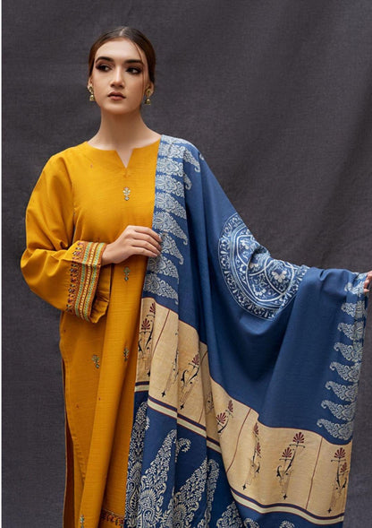 Elegant Mustard Dhanak Embroidered 3-Piece Unstitched Women's Suit Fabric
