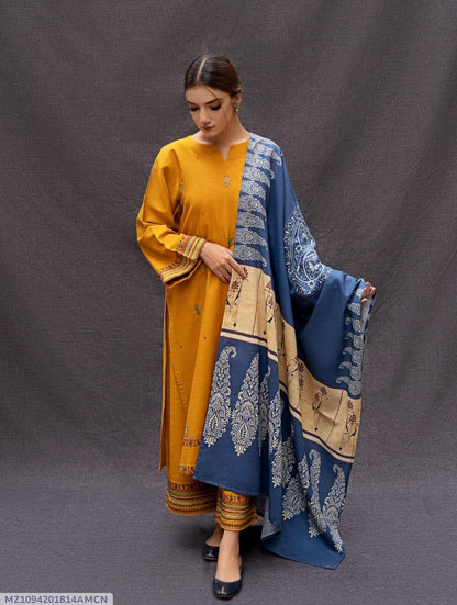 Elegant Mustard Dhanak Embroidered 3-Piece Unstitched Women's Suit Fabric