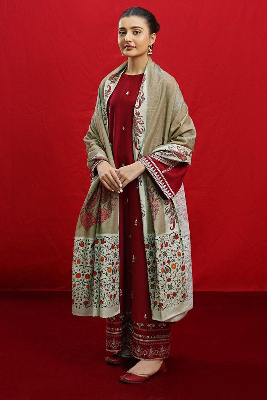 Elegant Maroon Dhanak Embroidered 3-Piece Unstitched Women's Suit Fabric