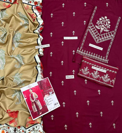 Elegant Maroon Dhanak Embroidered 3-Piece Unstitched Women's Suit Fabric