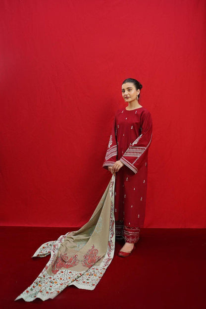 Elegant Maroon Dhanak Embroidered 3-Piece Unstitched Women's Suit Fabric