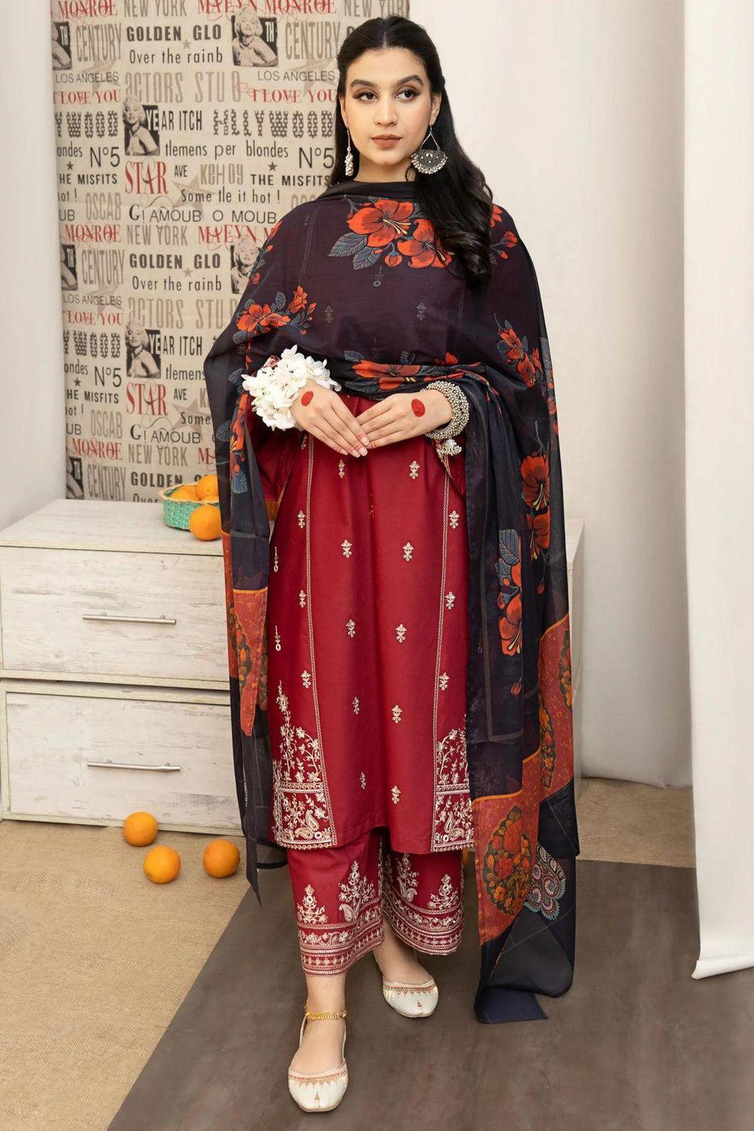 Elegant Maroon Dhanak Embroidered 3-Piece Unstitched Women's Suit Fabric