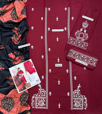 Elegant Maroon Dhanak Embroidered 3-Piece Unstitched Women's Suit Fabric