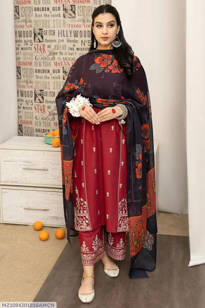 Elegant Maroon Dhanak Embroidered 3-Piece Unstitched Women's Suit Fabric