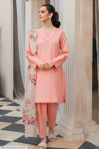 Elegant Light Pink Dhanak Embroidered 3-Piece Unstitched Women's Suit Fabric