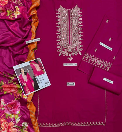 Elegant Pink Dhanak Embroidered 3-Piece Unstitched Women's Suit Fabric