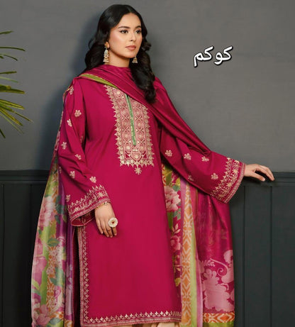 Elegant Pink Dhanak Embroidered 3-Piece Unstitched Women's Suit Fabric