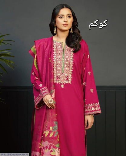 Elegant Pink Dhanak Embroidered 3-Piece Unstitched Women's Suit Fabric