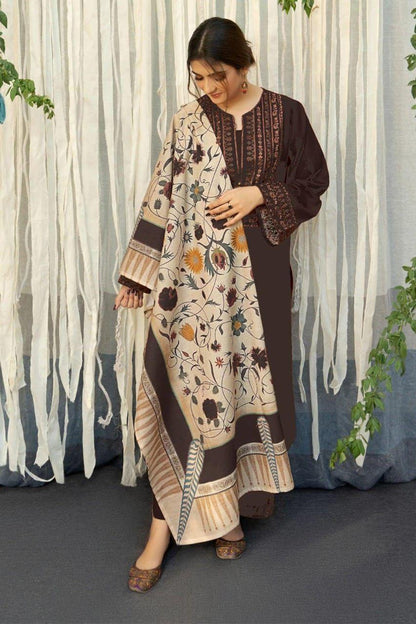 Elegant Brown Dhanak Embroidered 3-Piece Unstitched Women's Suit Fabric