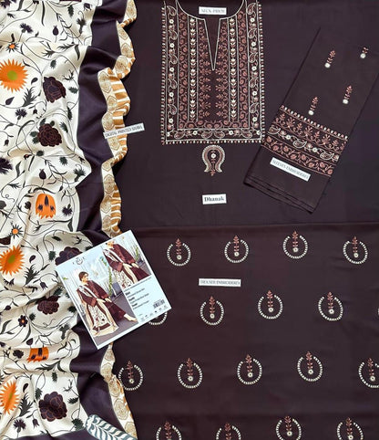 Elegant Brown Dhanak Embroidered 3-Piece Unstitched Women's Suit Fabric