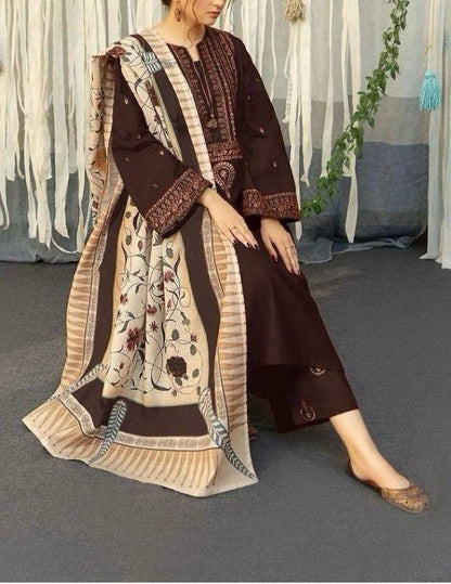 Elegant Brown Dhanak Embroidered 3-Piece Unstitched Women's Suit Fabric