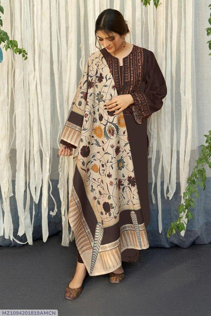 Elegant Brown Dhanak Embroidered 3-Piece Unstitched Women's Suit Fabric