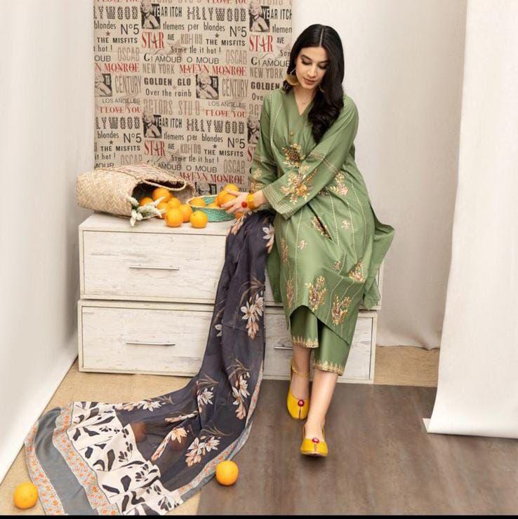 Elegant Green Dhanak Embroidered 3-Piece Unstitched Women's Suit Fabric