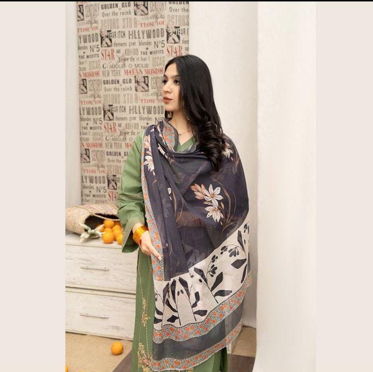 Elegant Green Dhanak Embroidered 3-Piece Unstitched Women's Suit Fabric