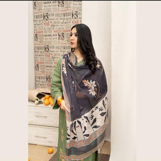 Elegant Green Dhanak Embroidered 3-Piece Unstitched Women's Suit Fabric