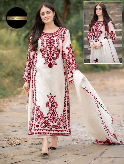 Elegant White & Maroon Embroidered Organza Suit Set for Women