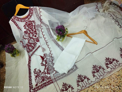 Elegant White & Maroon Embroidered Organza Suit Set for Women