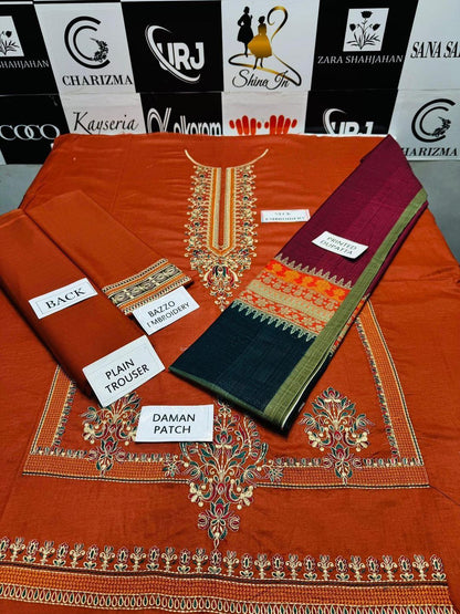 3 Pcs Women's Unstitched Embroidered Suit