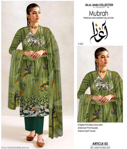 3 Pcs Women's Unstitched Digital Print Suit